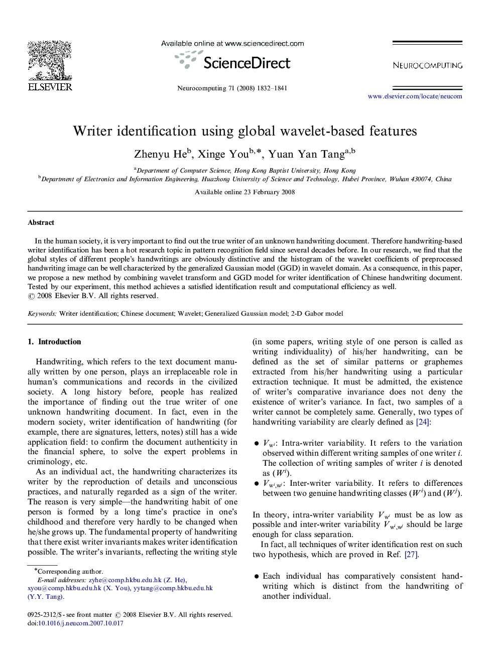 Writer identification using global wavelet-based features