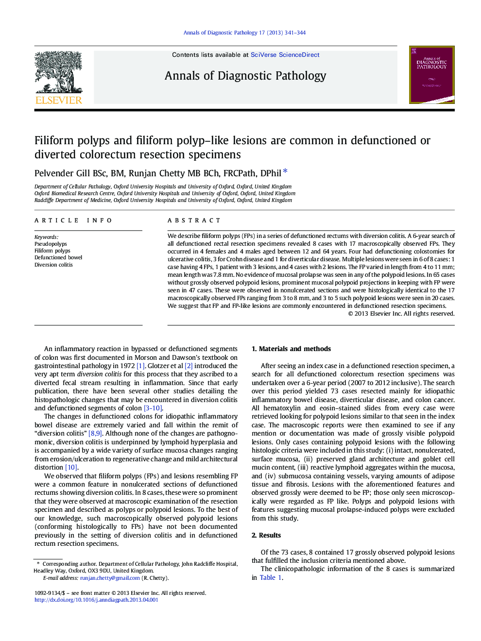 Filiform polyps and filiform polyp–like lesions are common in defunctioned or diverted colorectum resection specimens