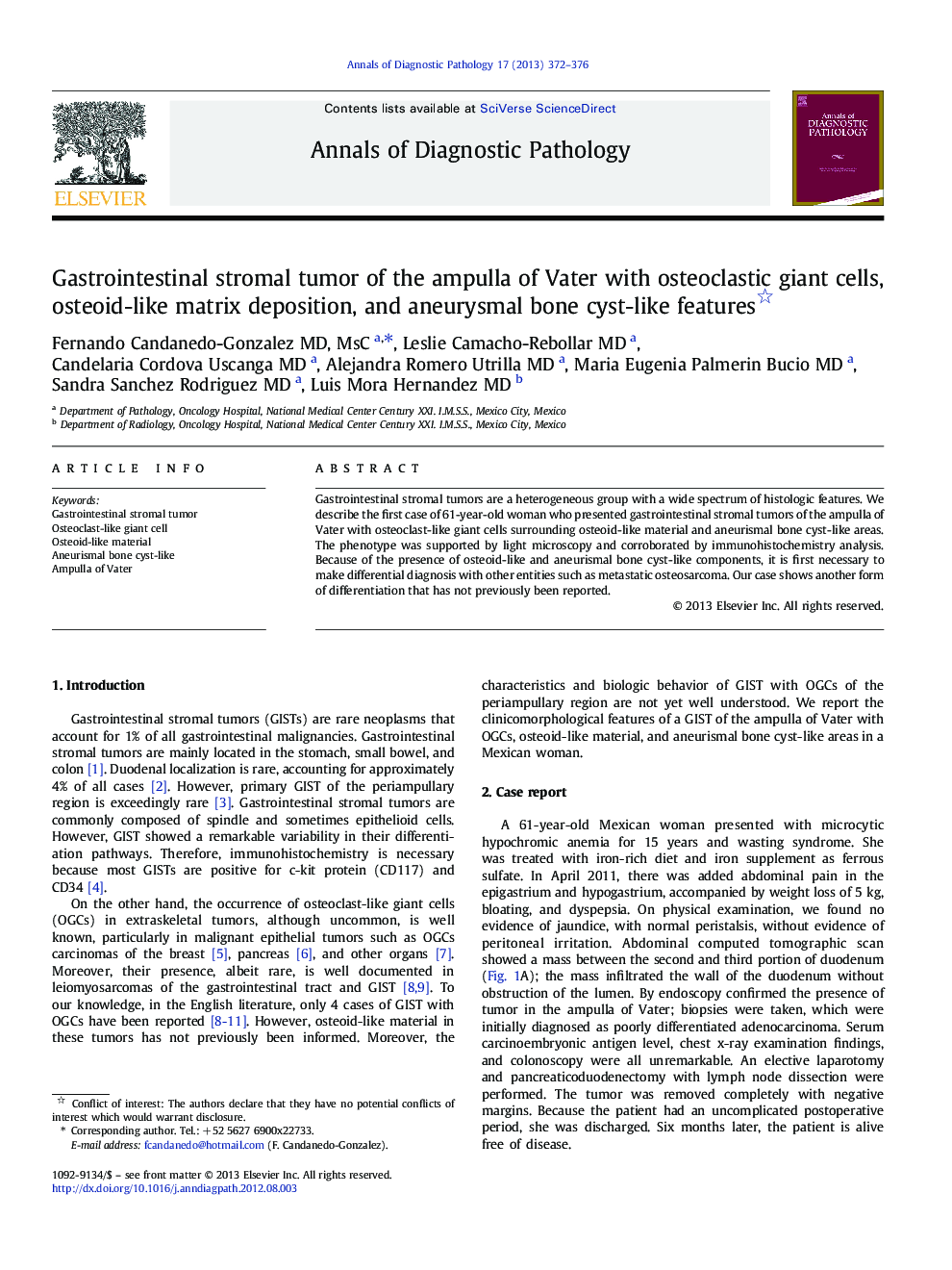 Gastrointestinal stromal tumor of the ampulla of Vater with osteoclastic giant cells, osteoid-like matrix deposition, and aneurysmal bone cyst-like features 