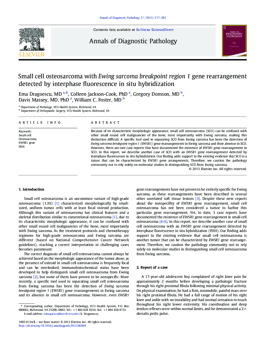 Small cell osteosarcoma with Ewing sarcoma breakpoint region 1 gene rearrangement detected by interphase fluorescence in situ hybridization