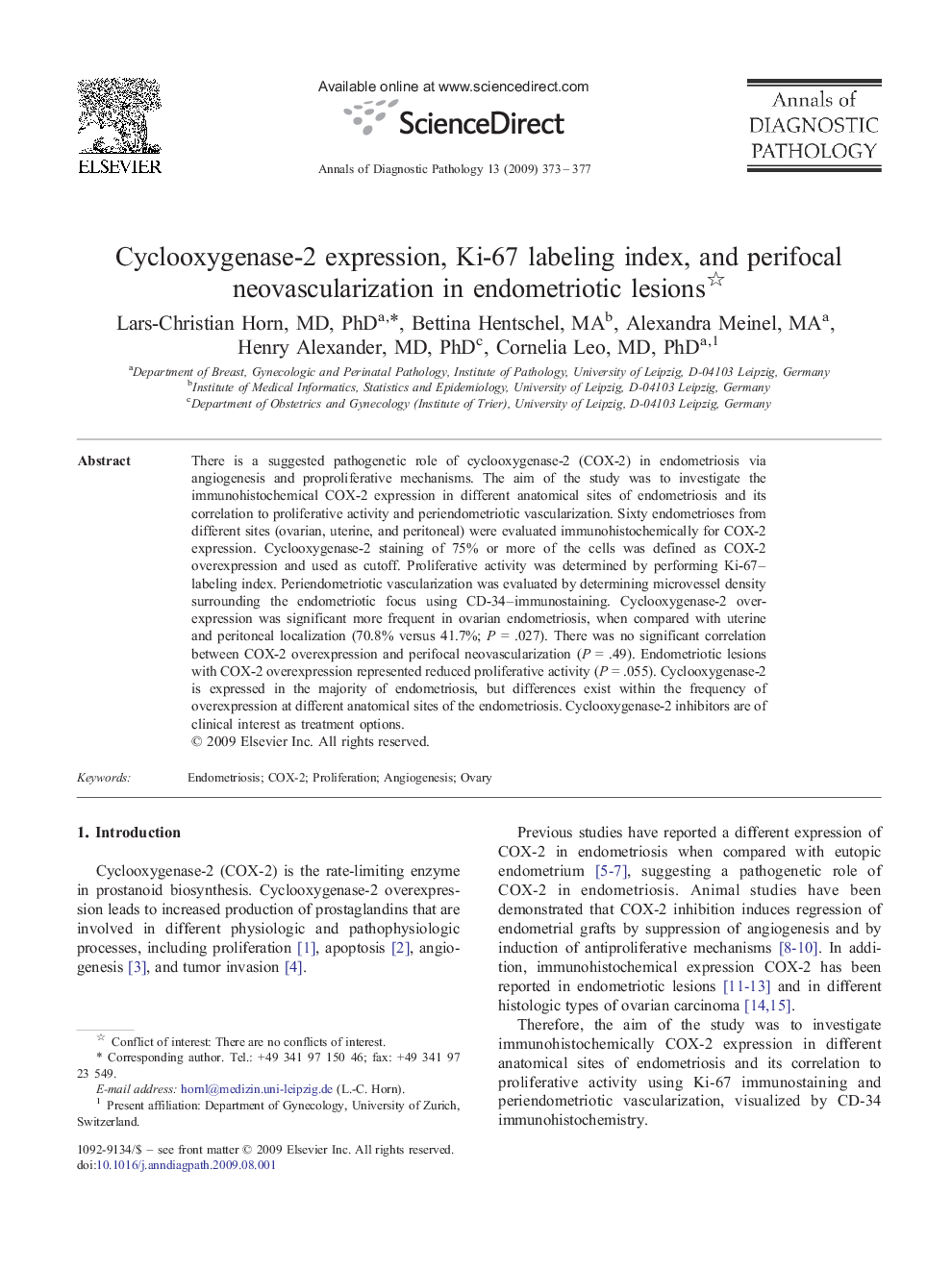 Cyclooxygenase-2 expression, Ki-67 labeling index, and perifocal neovascularization in endometriotic lesions 