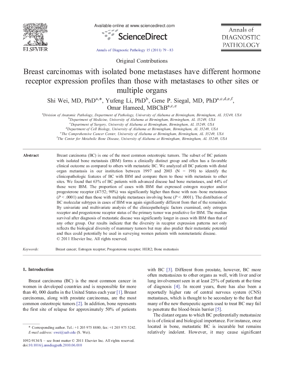 Breast carcinomas with isolated bone metastases have different hormone receptor expression profiles than those with metastases to other sites or multiple organs