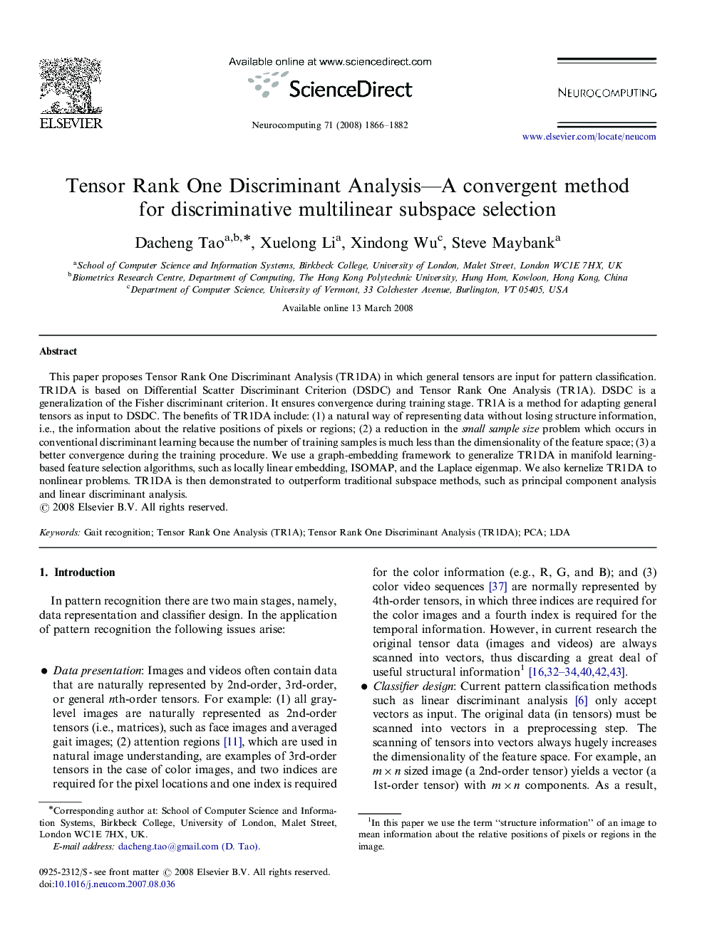 Tensor Rank One Discriminant Analysis—A convergent method for discriminative multilinear subspace selection