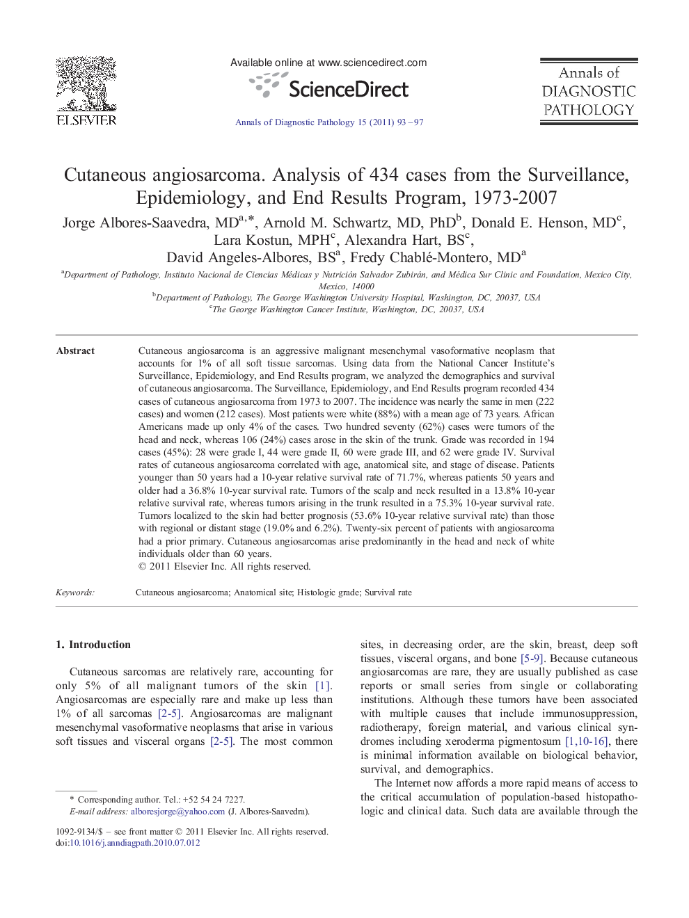 Cutaneous angiosarcoma. Analysis of 434 cases from the Surveillance, Epidemiology, and End Results Program, 1973-2007