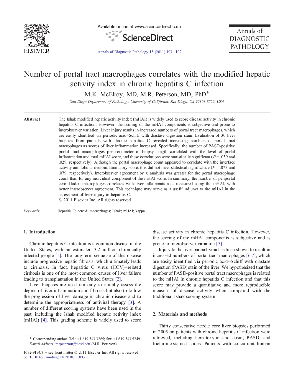 Number of portal tract macrophages correlates with the modified hepatic activity index in chronic hepatitis C infection