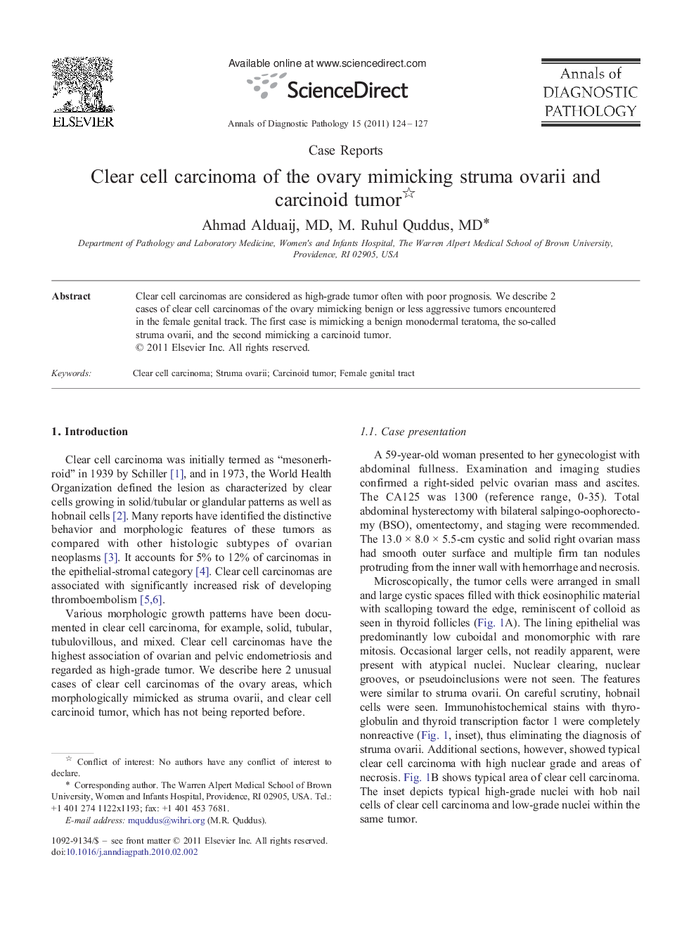 Clear cell carcinoma of the ovary mimicking struma ovarii and carcinoid tumor 