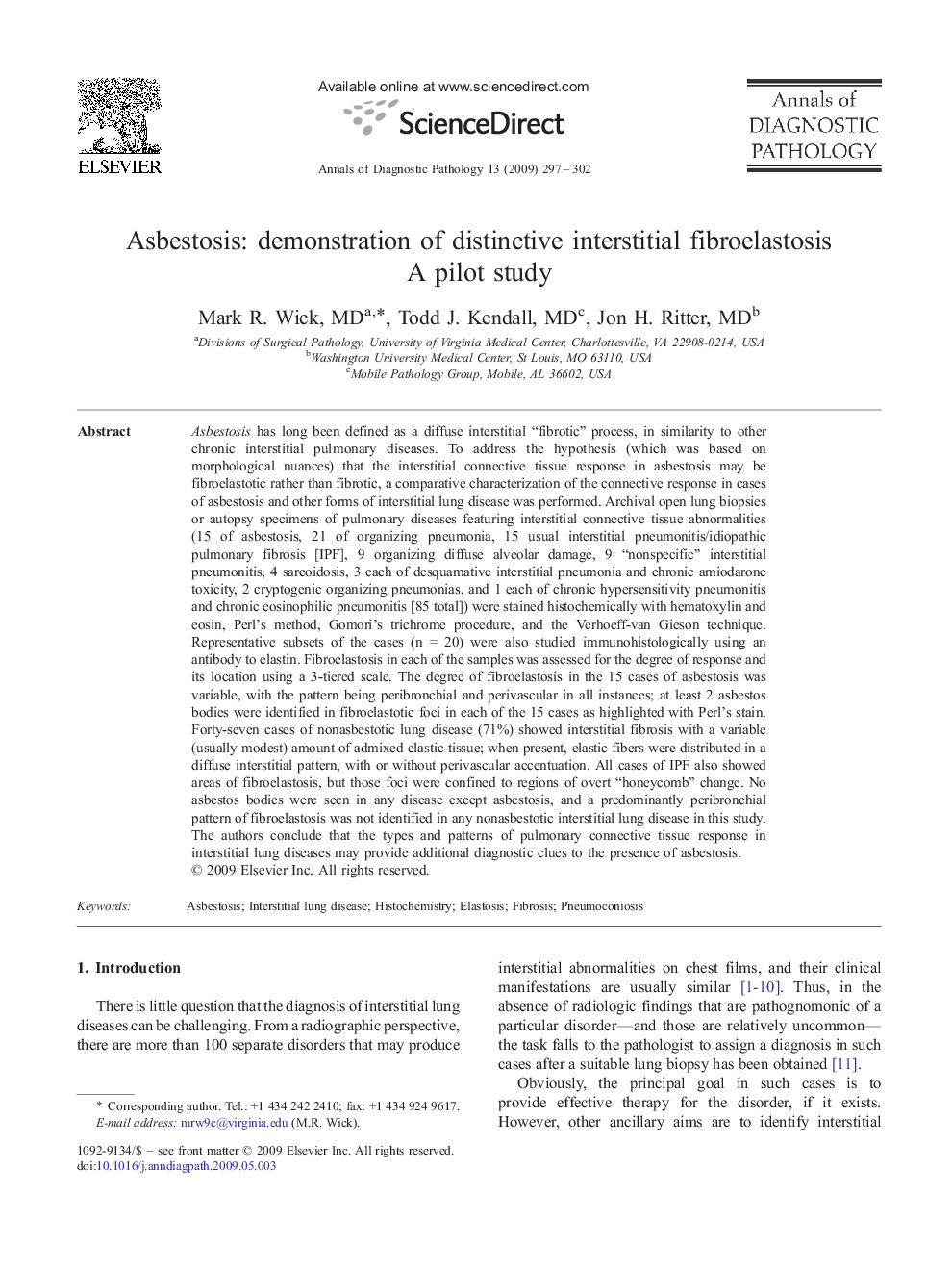 Asbestosis: demonstration of distinctive interstitial fibroelastosis: A pilot study