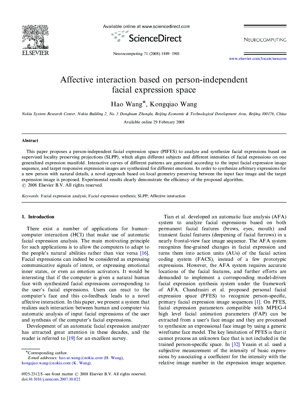 Affective interaction based on person-independent facial expression space