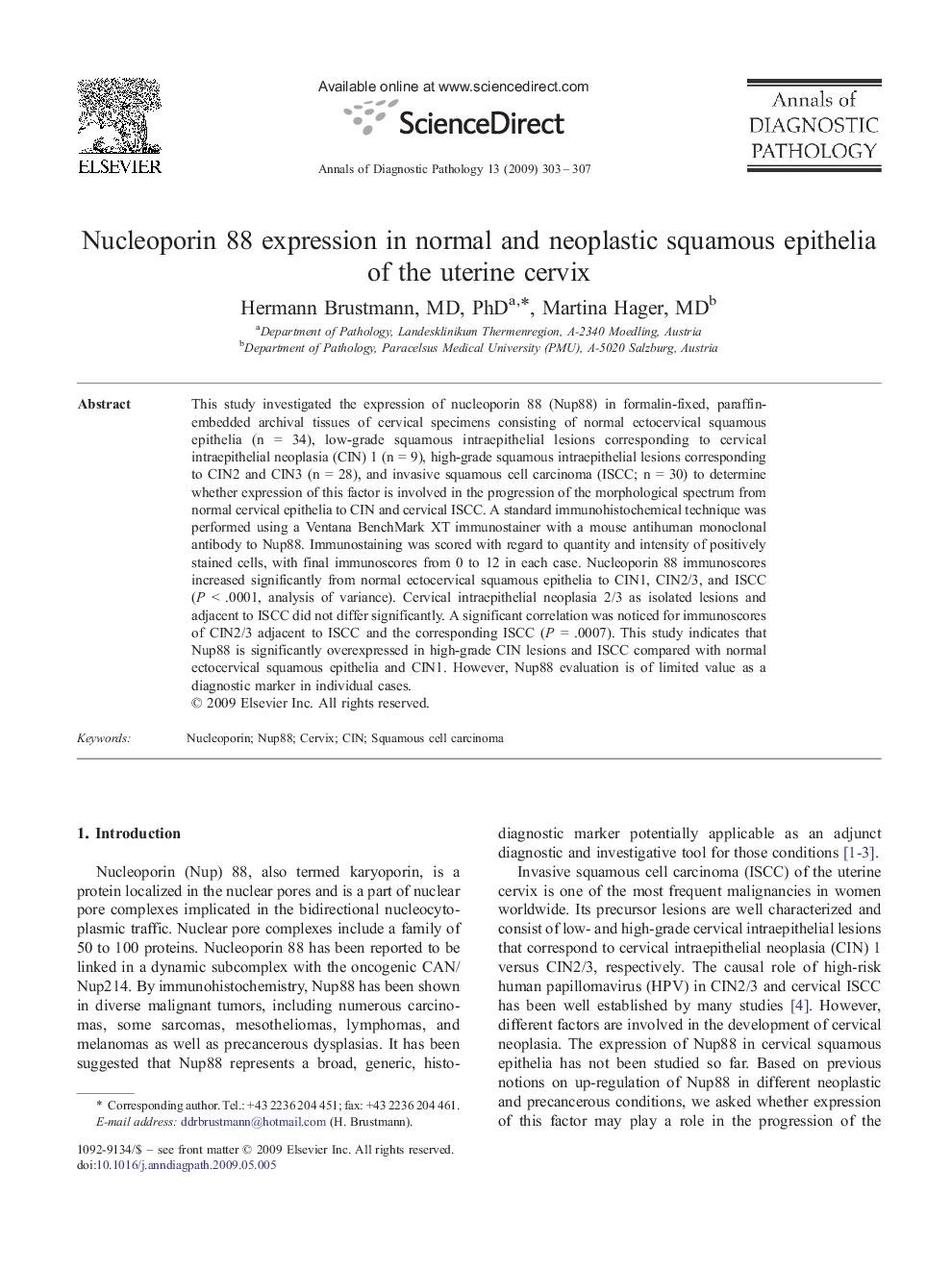 Nucleoporin 88 expression in normal and neoplastic squamous epithelia of the uterine cervix