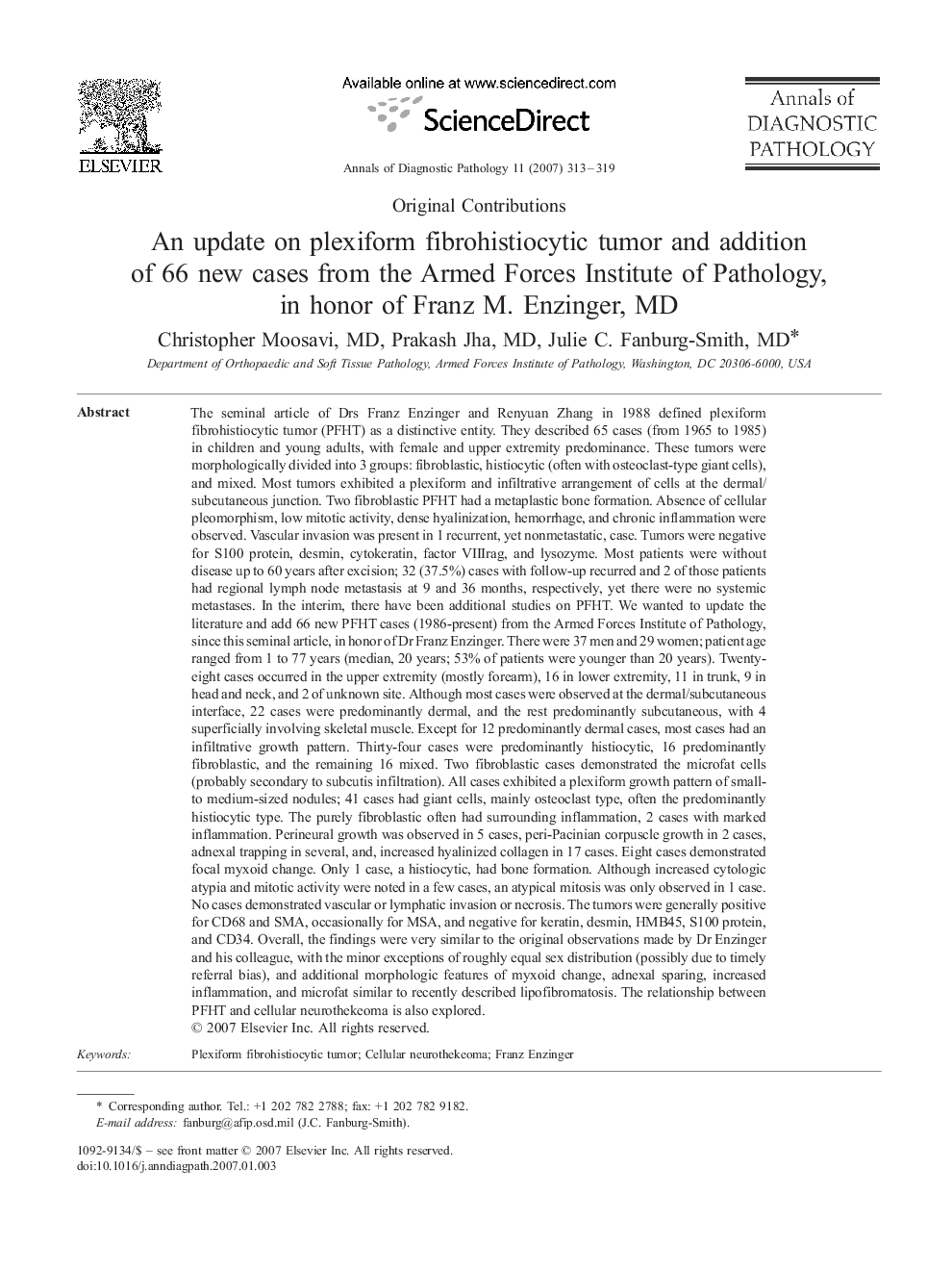 An update on plexiform fibrohistiocytic tumor and addition of 66 new cases from the Armed Forces Institute of Pathology, in honor of Franz M. Enzinger, MD