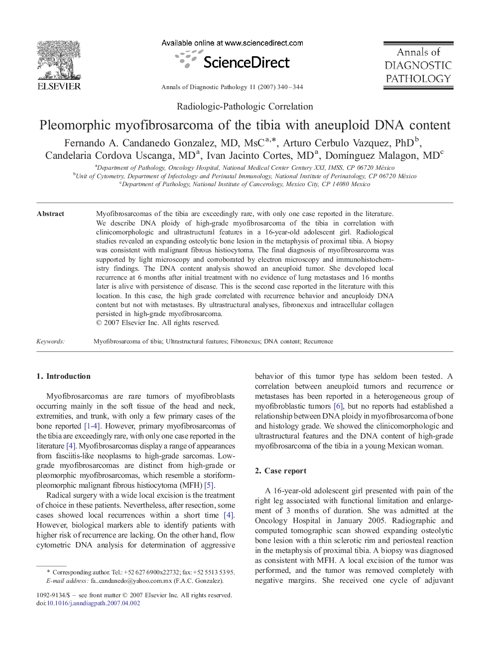 Pleomorphic myofibrosarcoma of the tibia with aneuploid DNA content