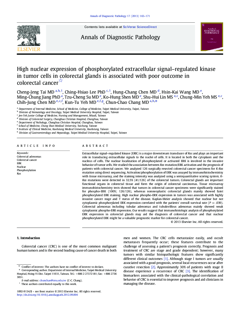 High nuclear expression of phosphorylated extracellular signal–regulated kinase in tumor cells in colorectal glands is associated with poor outcome in colorectal cancer 