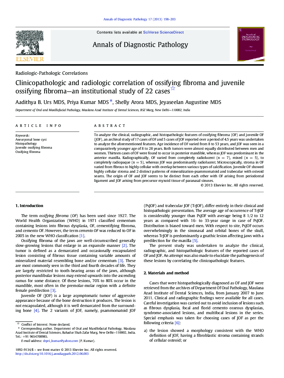 Clinicopathologic and radiologic correlation of ossifying fibroma and juvenile ossifying fibroma—an institutional study of 22 cases 