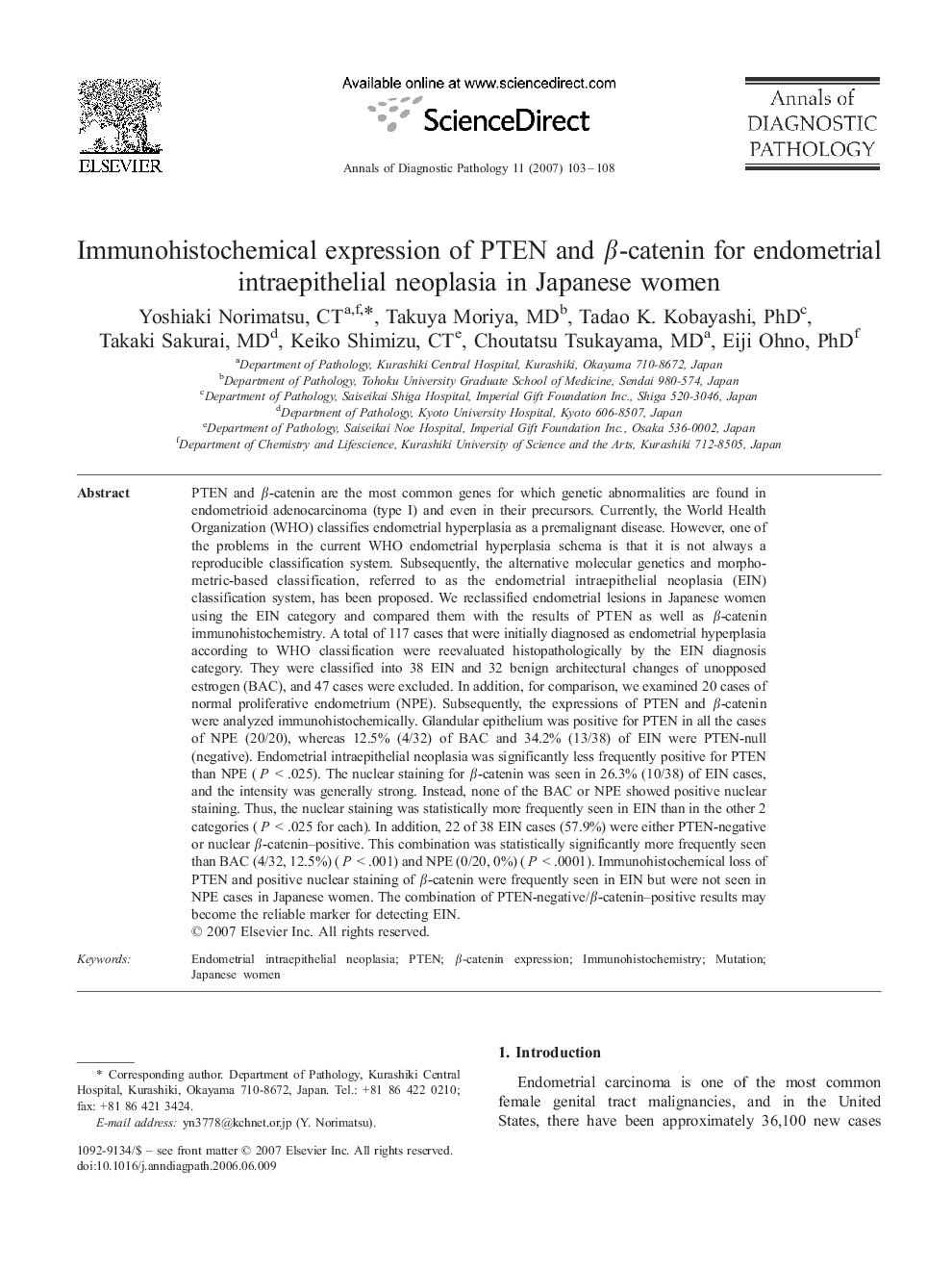 Immunohistochemical expression of PTEN and β-catenin for endometrial intraepithelial neoplasia in Japanese women