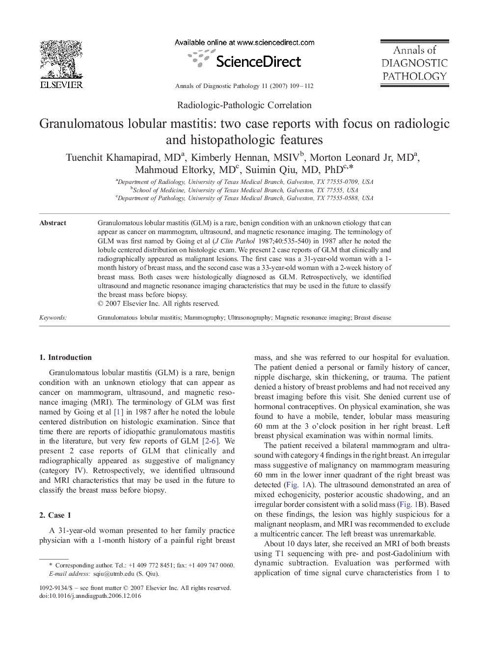 Granulomatous lobular mastitis: two case reports with focus on radiologic and histopathologic features