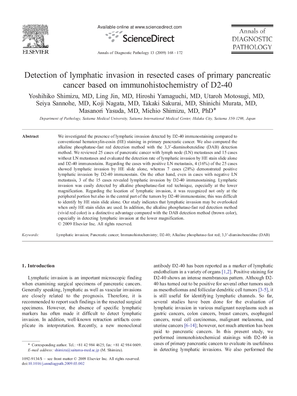 Detection of lymphatic invasion in resected cases of primary pancreatic cancer based on immunohistochemistry of D2-40