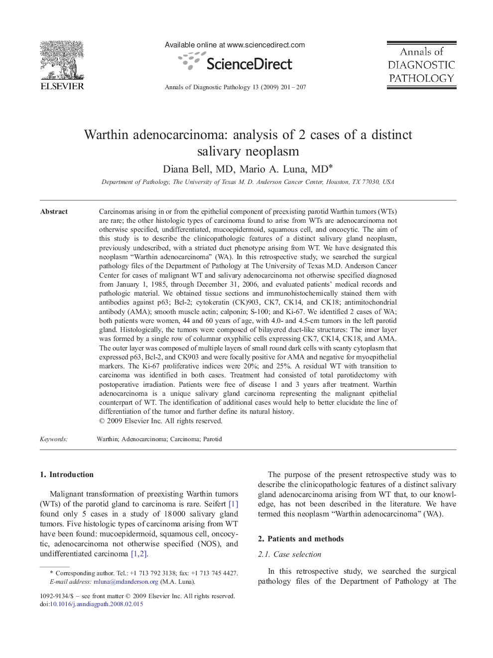 Warthin adenocarcinoma: analysis of 2 cases of a distinct salivary neoplasm