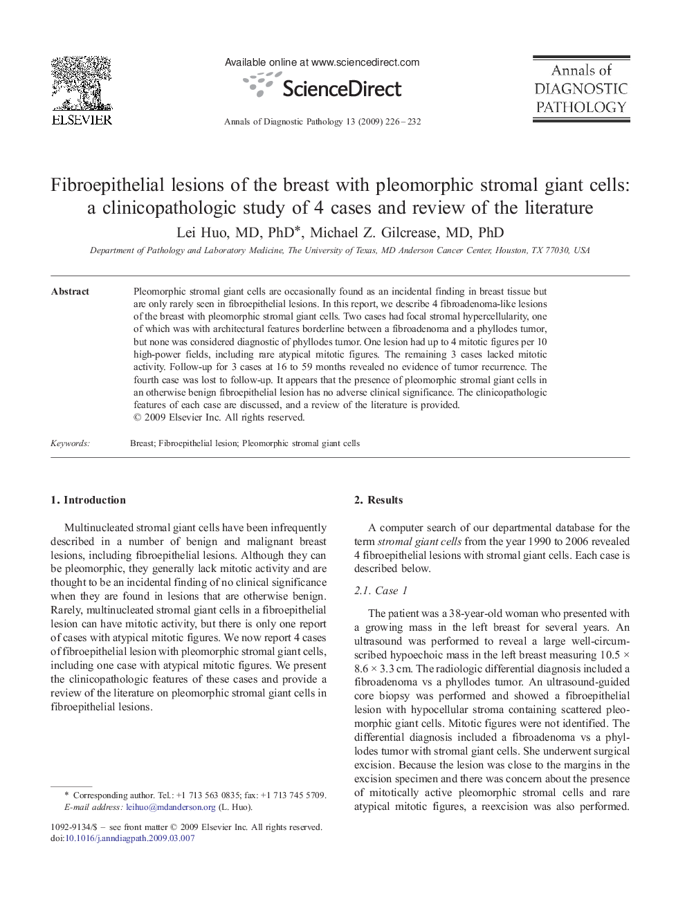 Fibroepithelial lesions of the breast with pleomorphic stromal giant cells: a clinicopathologic study of 4 cases and review of the literature