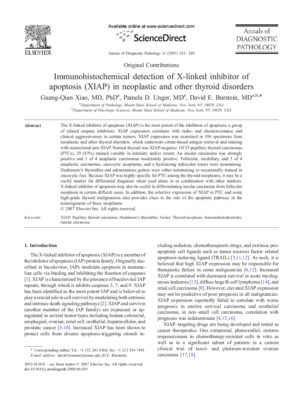 Immunohistochemical detection of X-linked inhibitor of apoptosis (XIAP) in neoplastic and other thyroid disorders