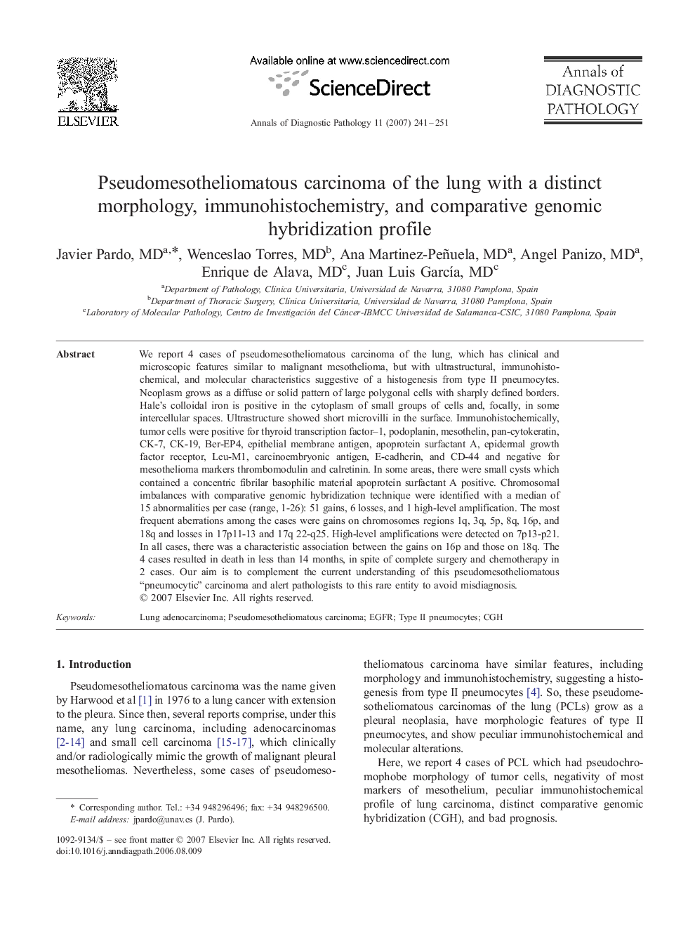 Pseudomesotheliomatous carcinoma of the lung with a distinct morphology, immunohistochemistry, and comparative genomic hybridization profile