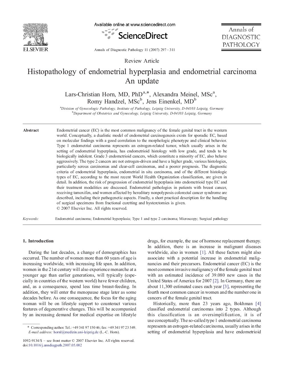 Histopathology of endometrial hyperplasia and endometrial carcinoma: An update