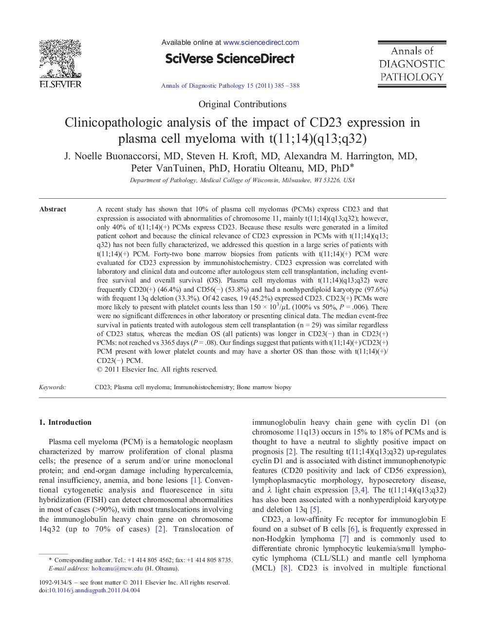 Clinicopathologic analysis of the impact of CD23 expression in plasma cell myeloma with t(11;14)(q13;q32)