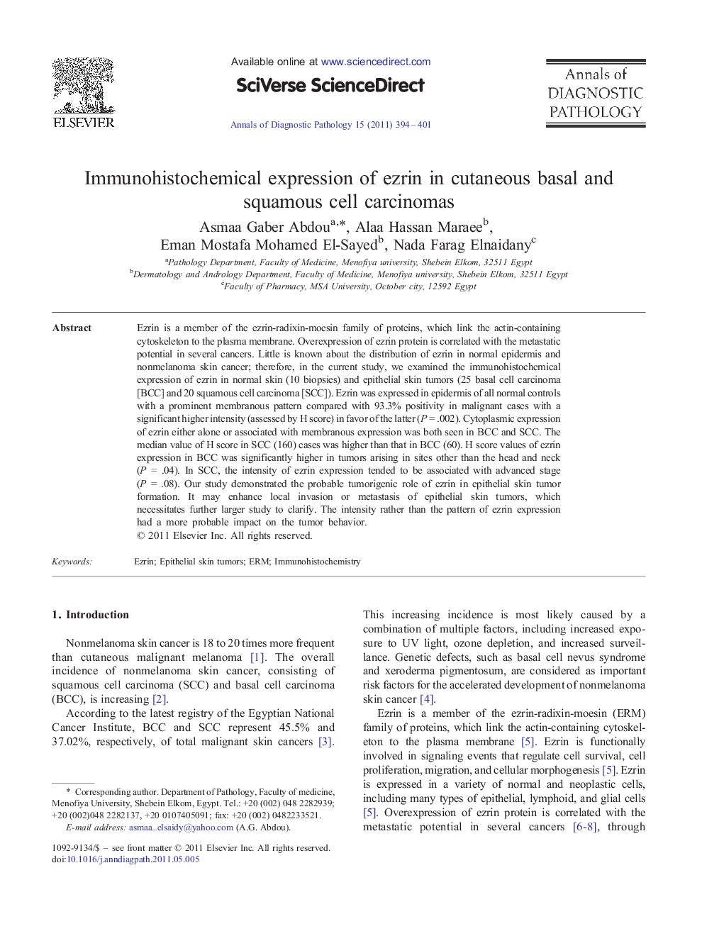 Immunohistochemical expression of ezrin in cutaneous basal and squamous cell carcinomas