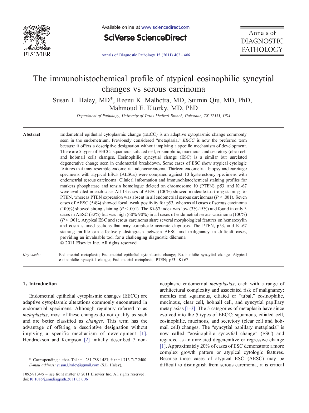 The immunohistochemical profile of atypical eosinophilic syncytial changes vs serous carcinoma