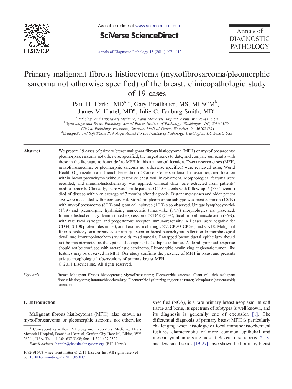 Primary malignant fibrous histiocytoma (myxofibrosarcoma/pleomorphic sarcoma not otherwise specified) of the breast: clinicopathologic study of 19 cases