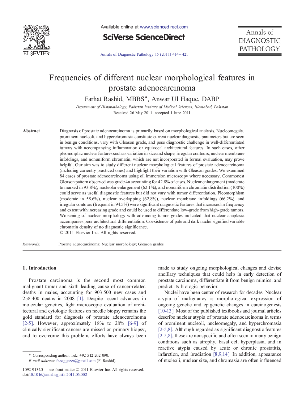 Frequencies of different nuclear morphological features in prostate adenocarcinoma