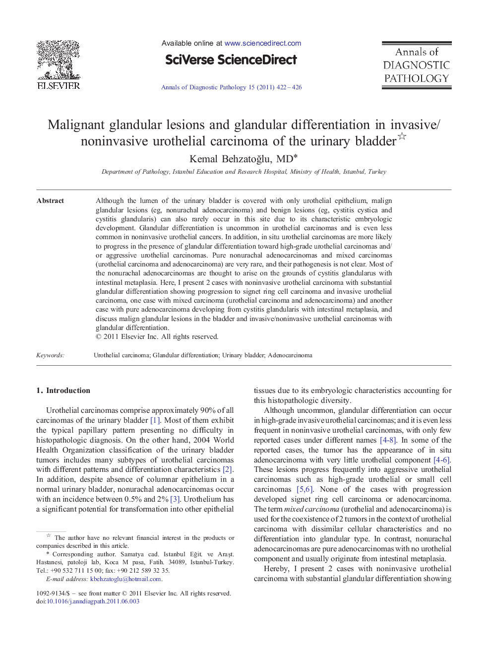 Malignant glandular lesions and glandular differentiation in invasive/noninvasive urothelial carcinoma of the urinary bladder 