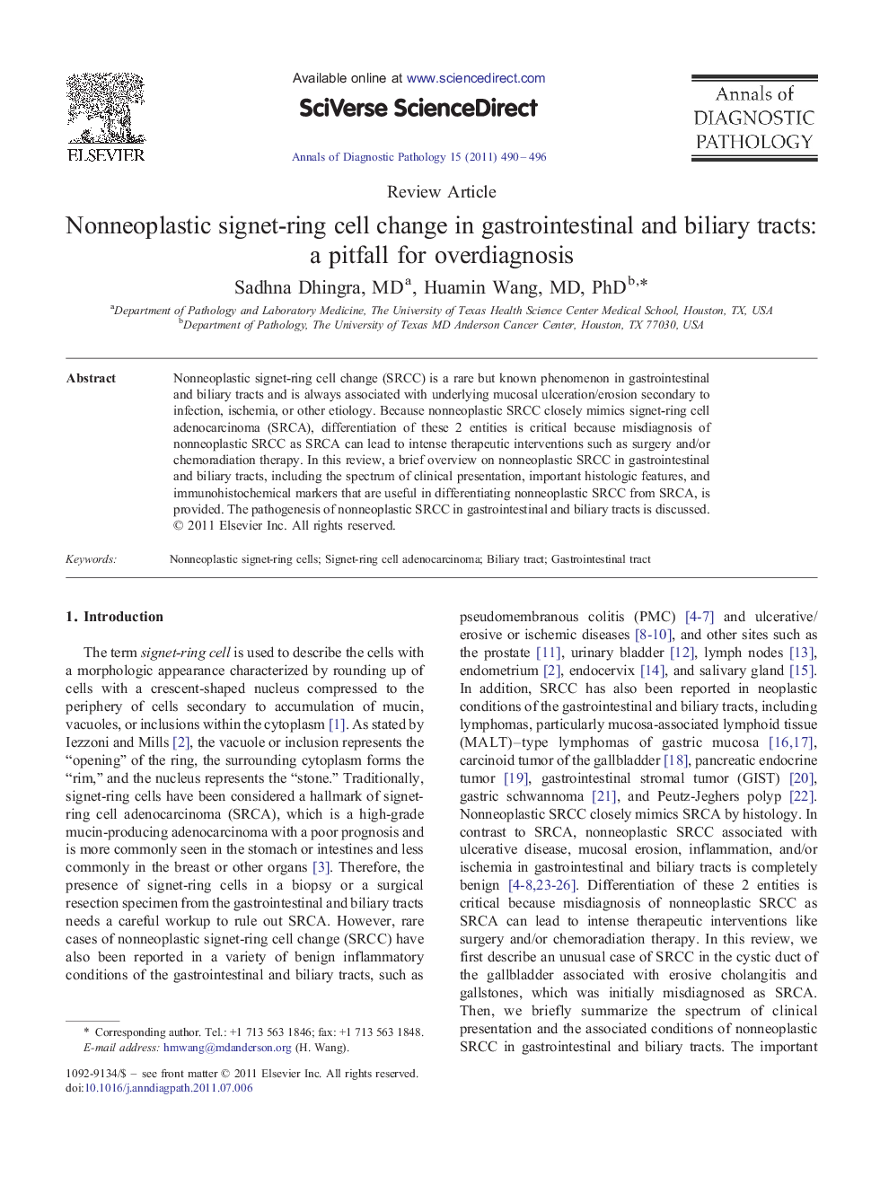 Nonneoplastic signet-ring cell change in gastrointestinal and biliary tracts: a pitfall for overdiagnosis