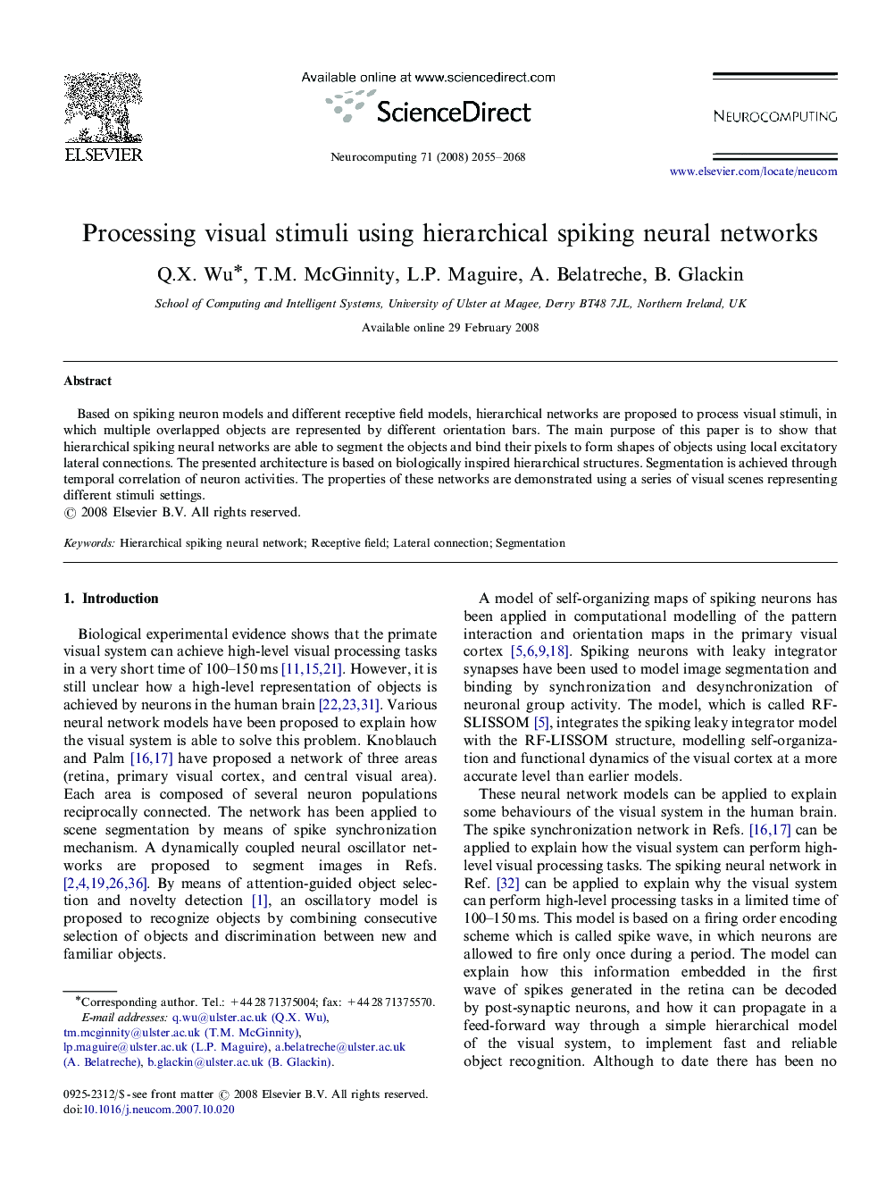 Processing visual stimuli using hierarchical spiking neural networks