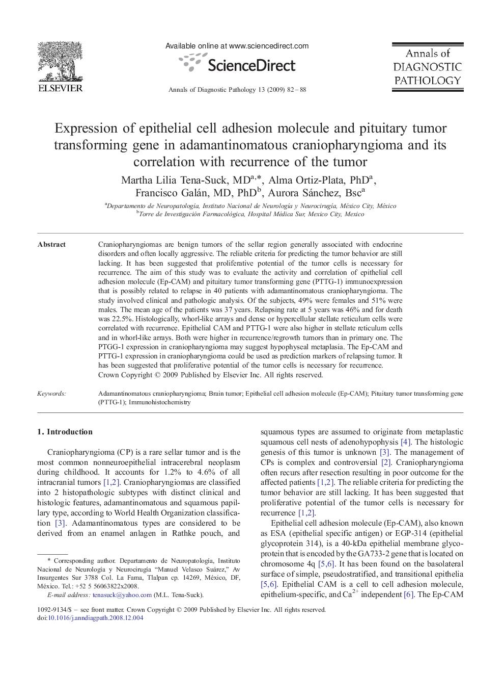 Expression of epithelial cell adhesion molecule and pituitary tumor transforming gene in adamantinomatous craniopharyngioma and its correlation with recurrence of the tumor