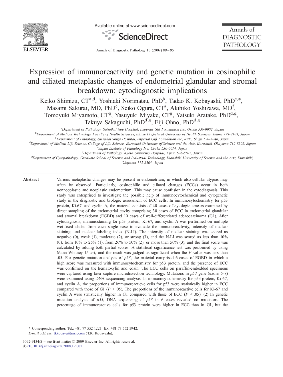 Expression of immunoreactivity and genetic mutation in eosinophilic and ciliated metaplastic changes of endometrial glandular and stromal breakdown: cytodiagnostic implications