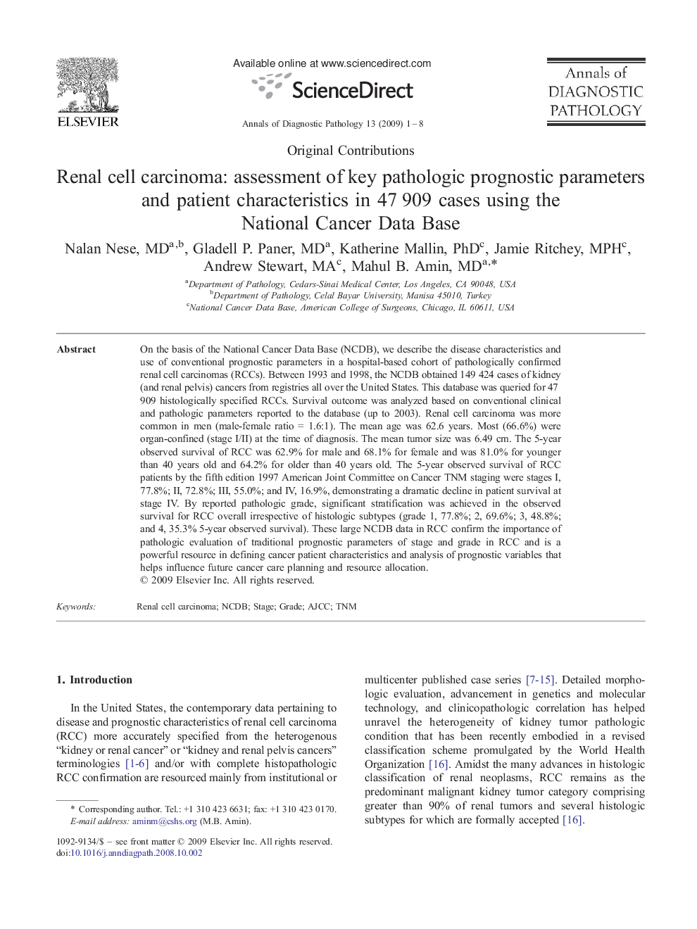 Renal cell carcinoma: assessment of key pathologic prognostic parameters and patient characteristics in 47 909 cases using the National Cancer Data Base