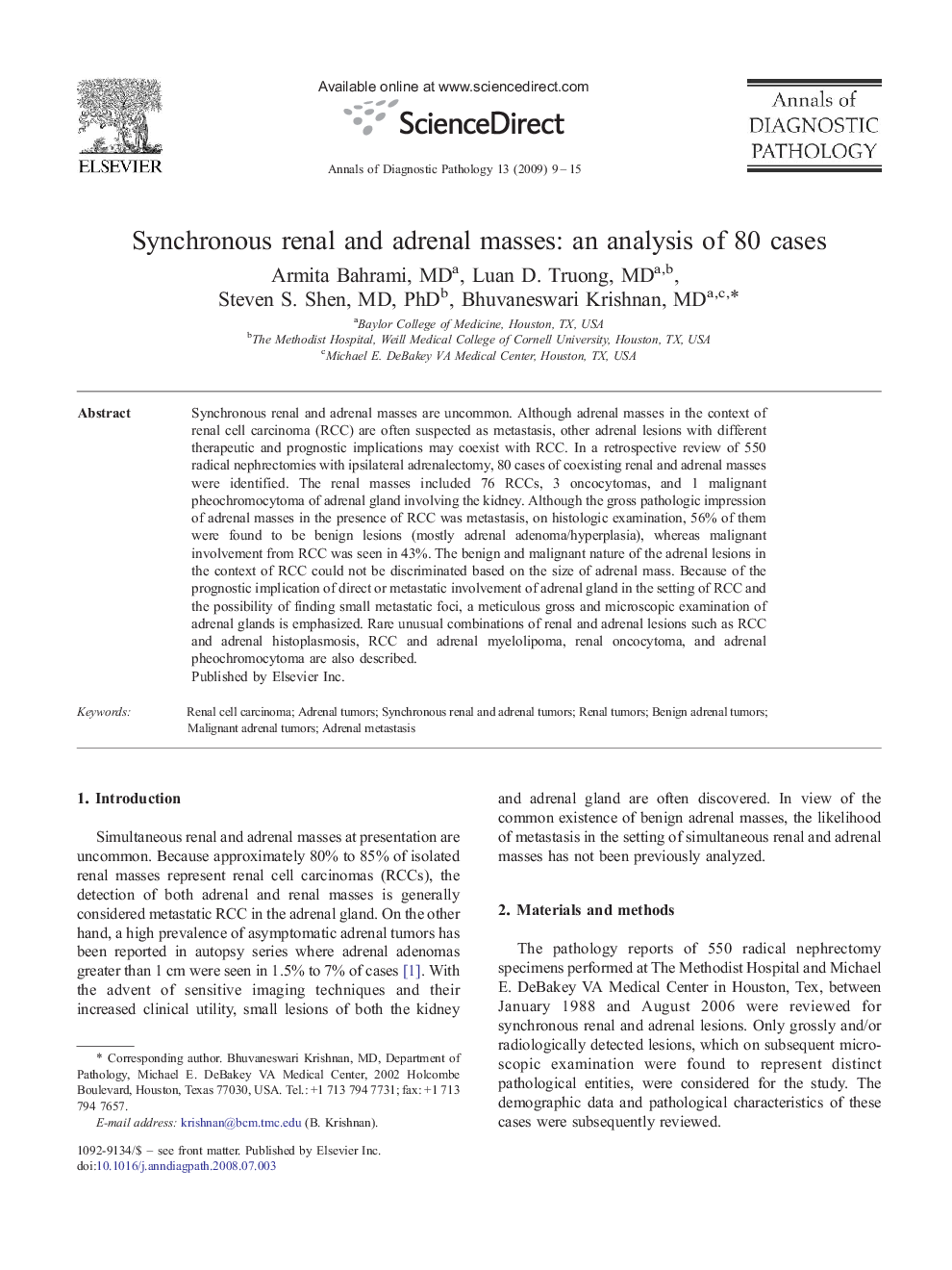 Synchronous renal and adrenal masses: an analysis of 80 cases