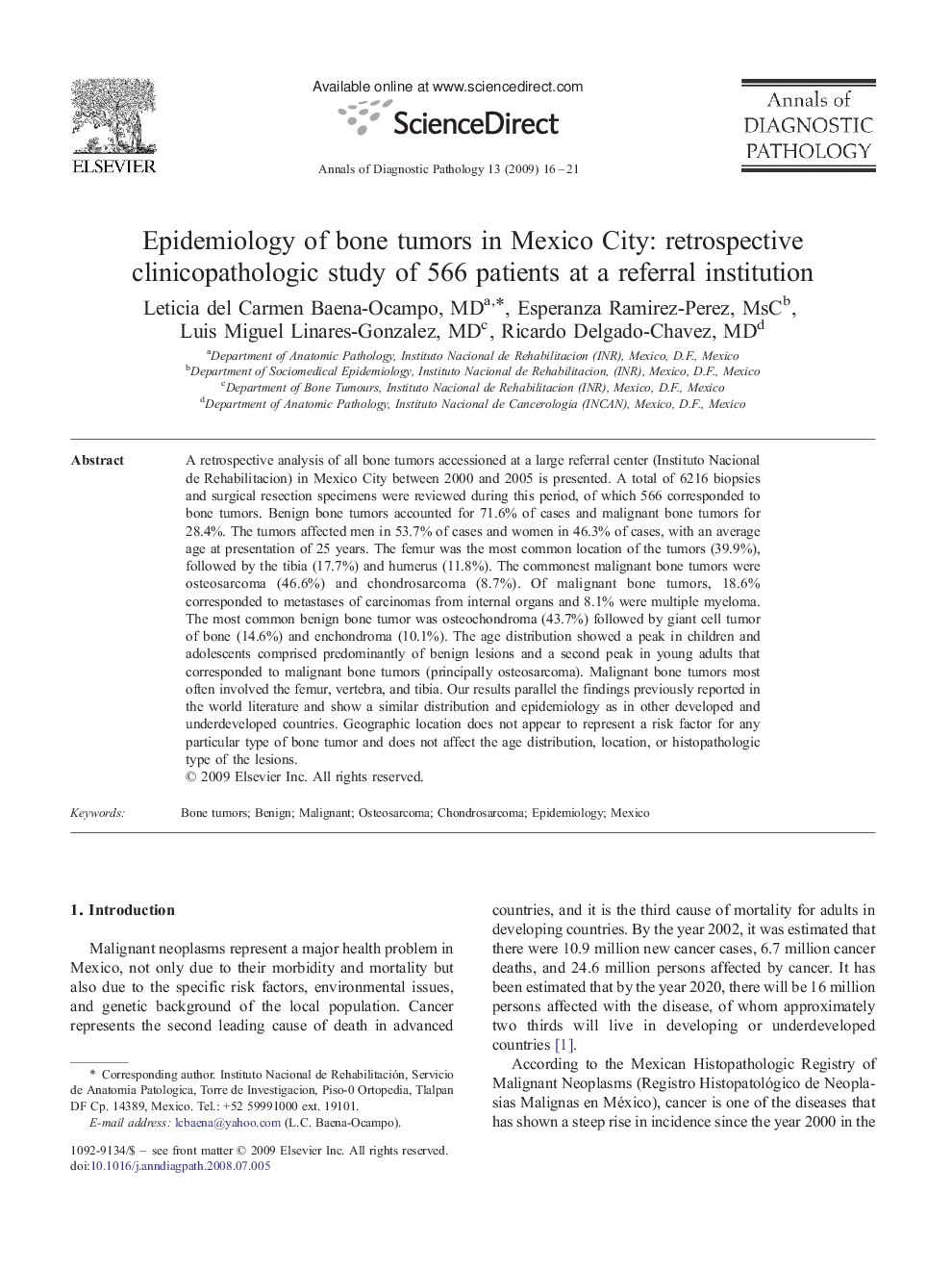 Epidemiology of bone tumors in Mexico City: retrospective clinicopathologic study of 566 patients at a referral institution