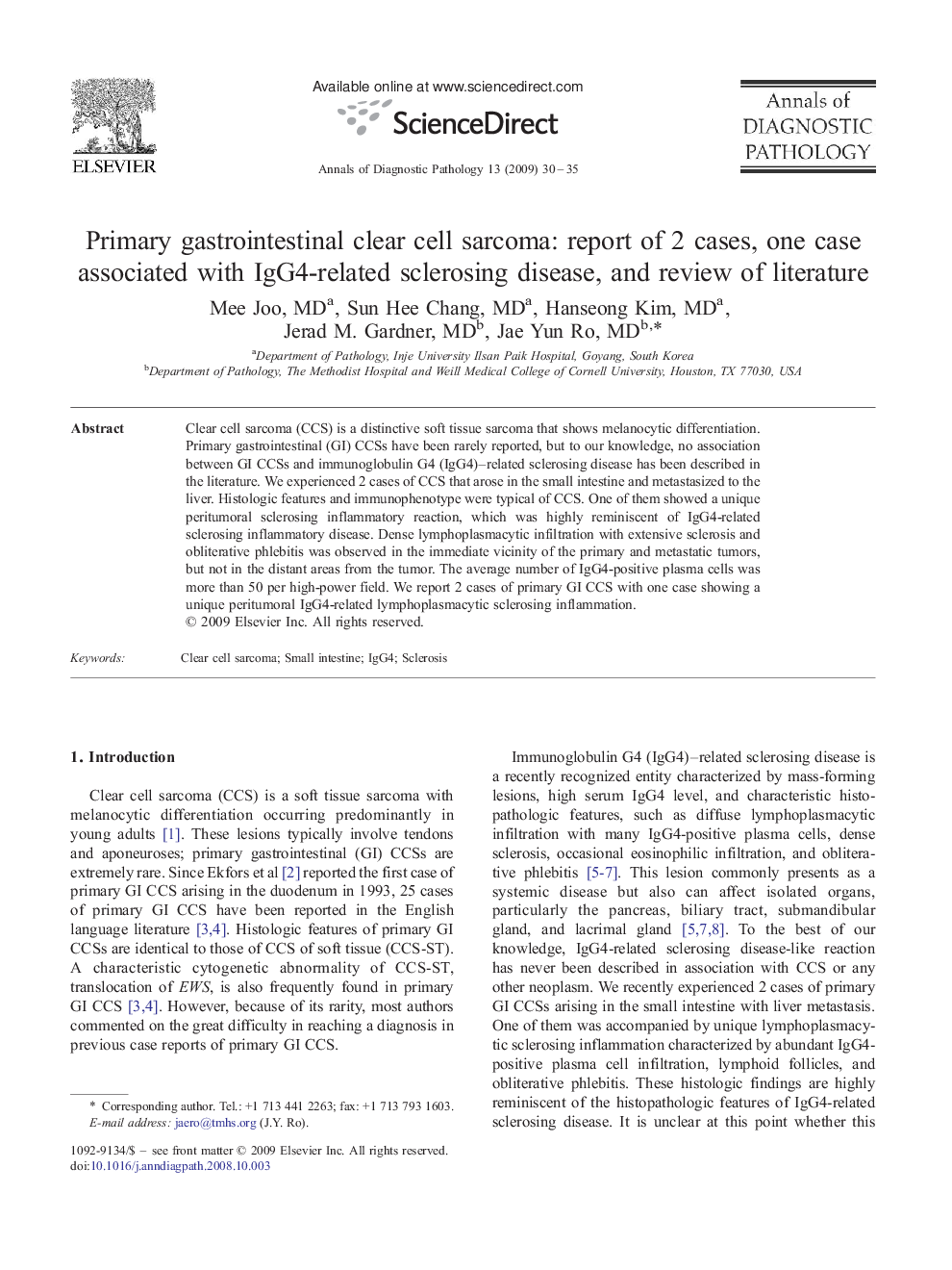 Primary gastrointestinal clear cell sarcoma: report of 2 cases, one case associated with IgG4-related sclerosing disease, and review of literature