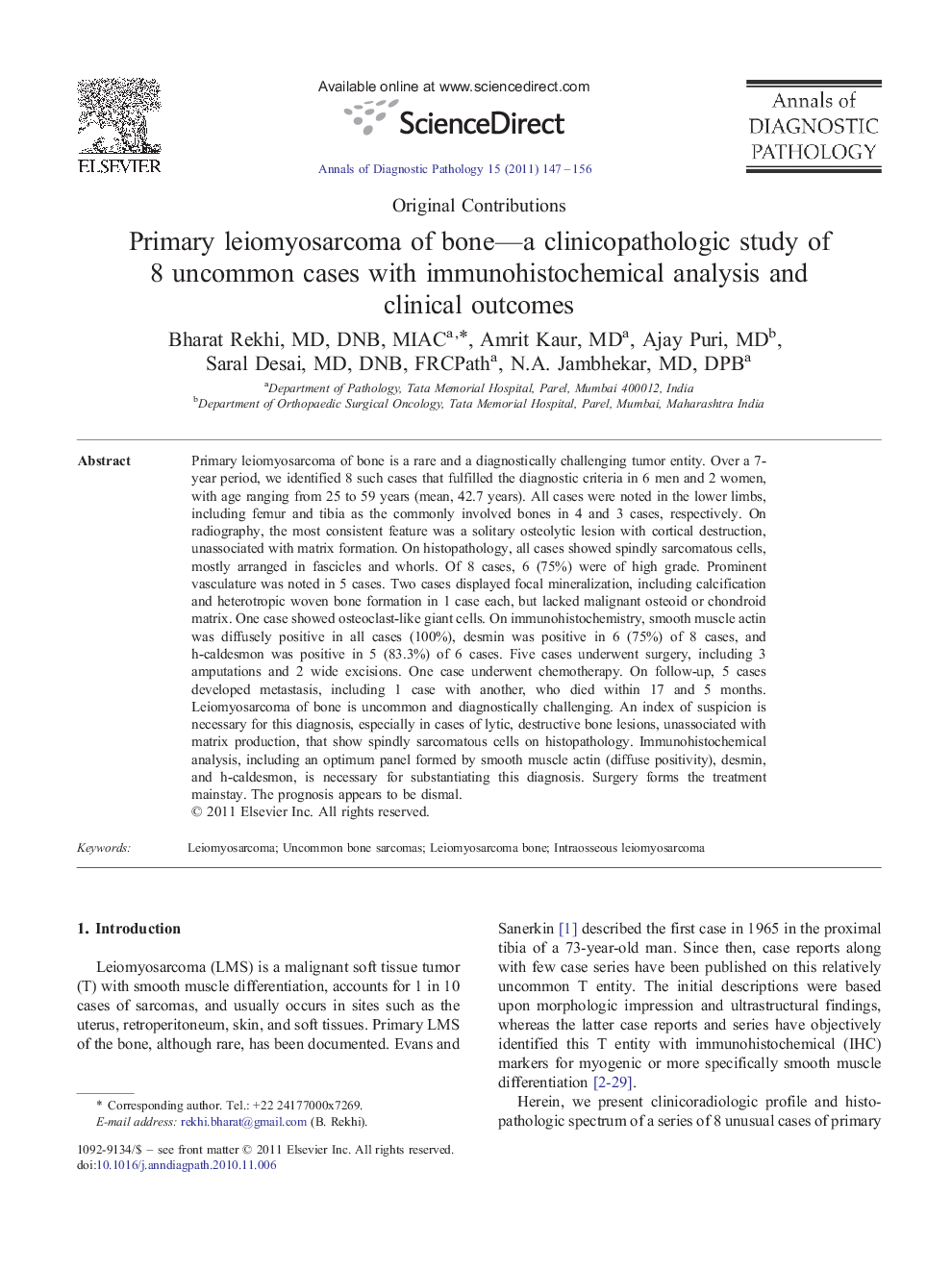 Primary leiomyosarcoma of bone—a clinicopathologic study of 8 uncommon cases with immunohistochemical analysis and clinical outcomes