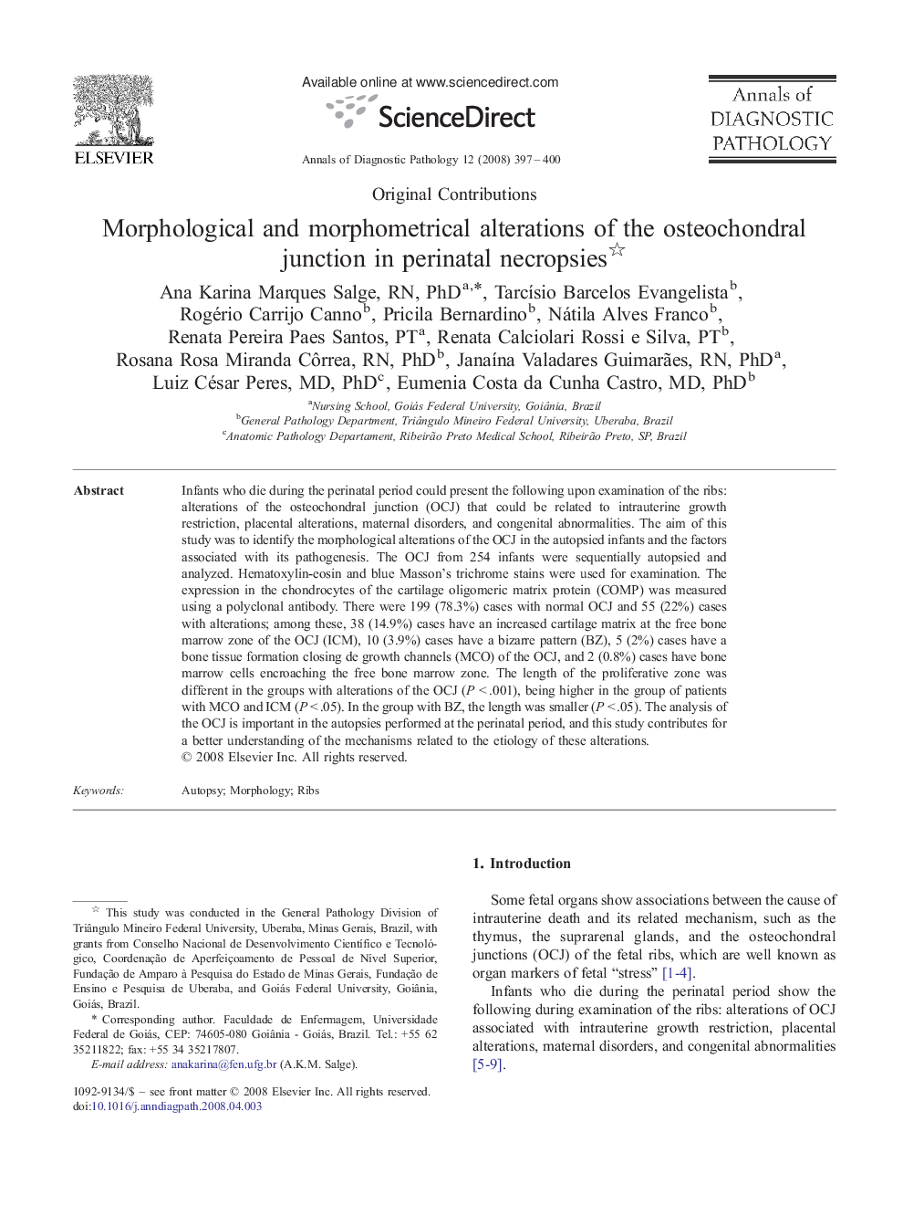 Morphological and morphometrical alterations of the osteochondral junction in perinatal necropsies 