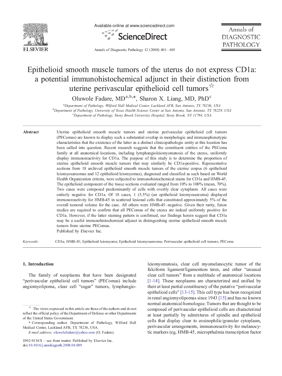 Epithelioid smooth muscle tumors of the uterus do not express CD1a: a potential immunohistochemical adjunct in their distinction from uterine perivascular epithelioid cell tumors 