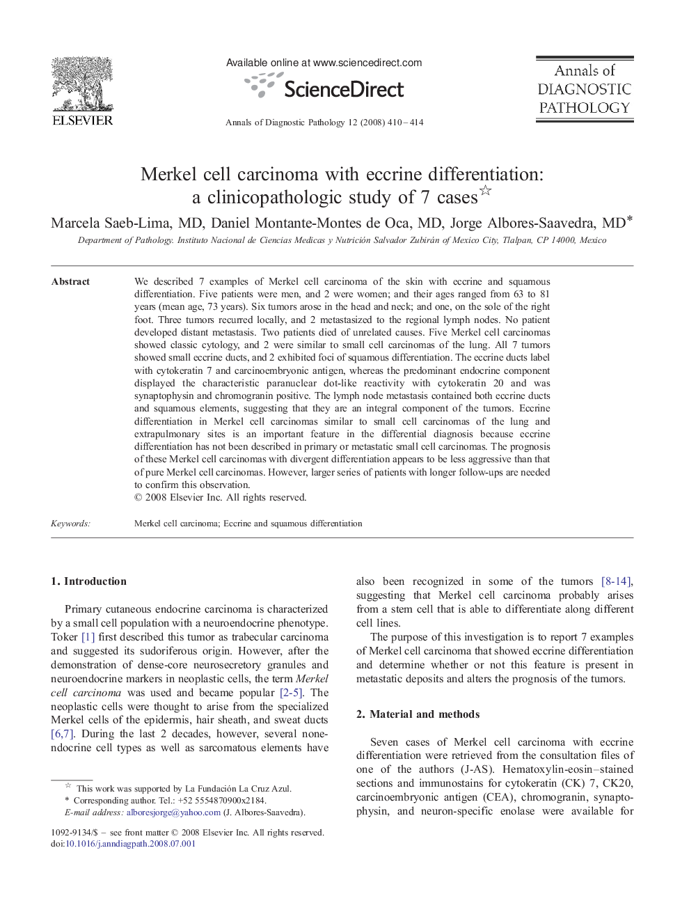 Merkel cell carcinoma with eccrine differentiation: a clinicopathologic study of 7 cases 