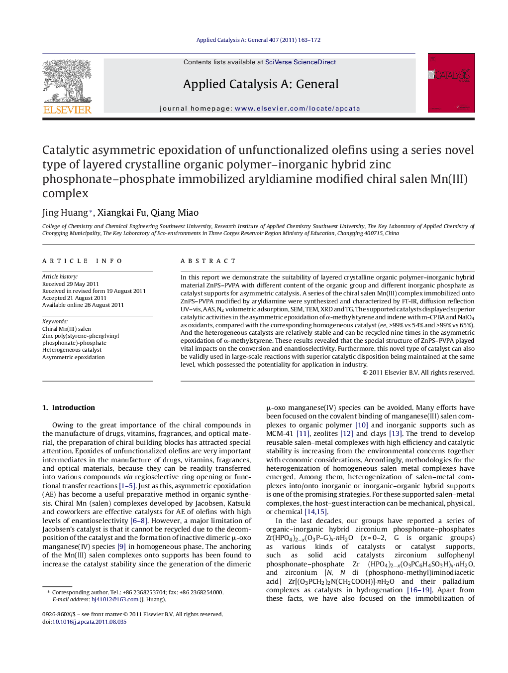 Catalytic asymmetric epoxidation of unfunctionalized olefins using a series novel type of layered crystalline organic polymer–inorganic hybrid zinc phosphonate–phosphate immobilized aryldiamine modified chiral salen Mn(III) complex