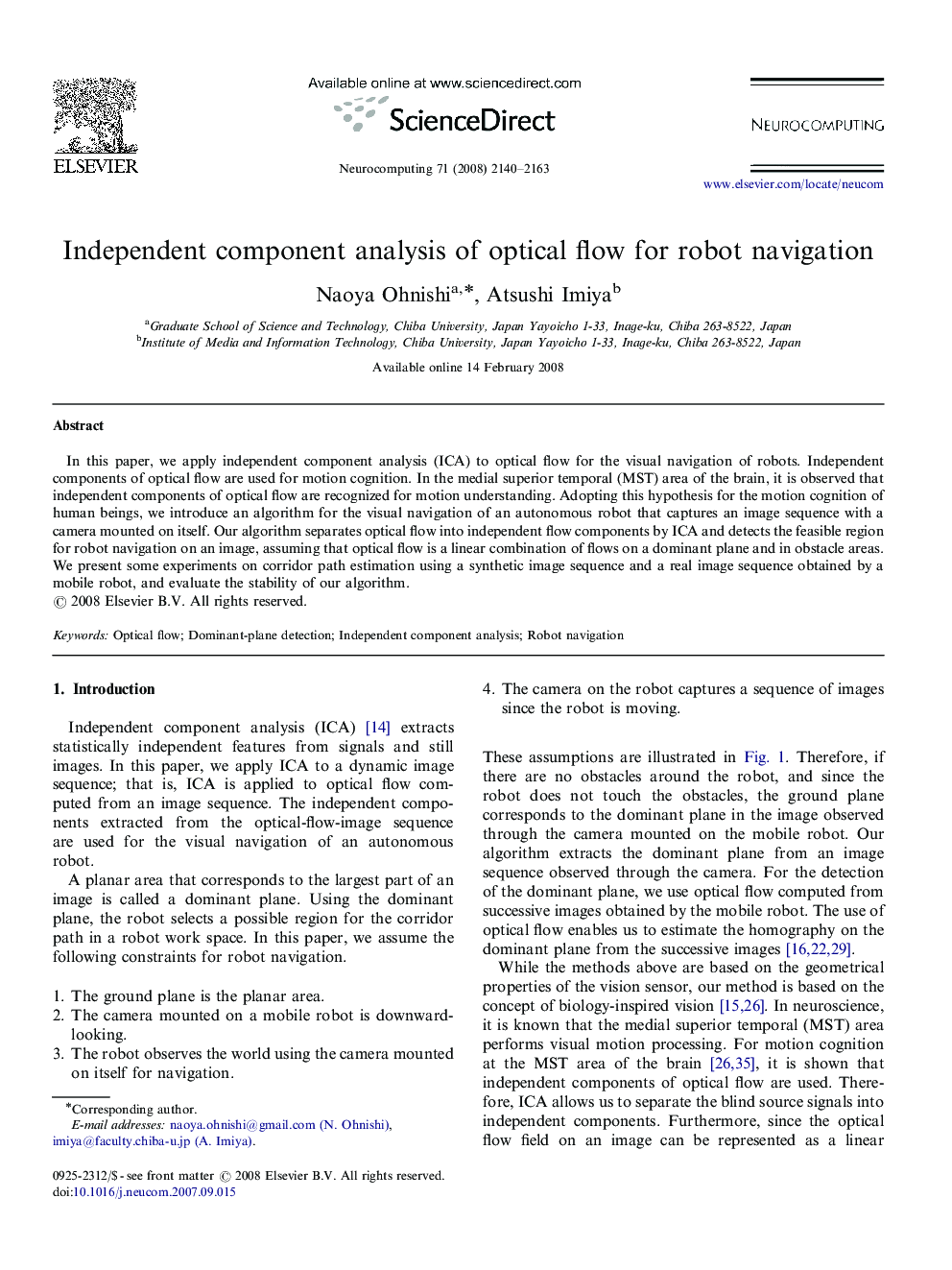 Independent component analysis of optical flow for robot navigation