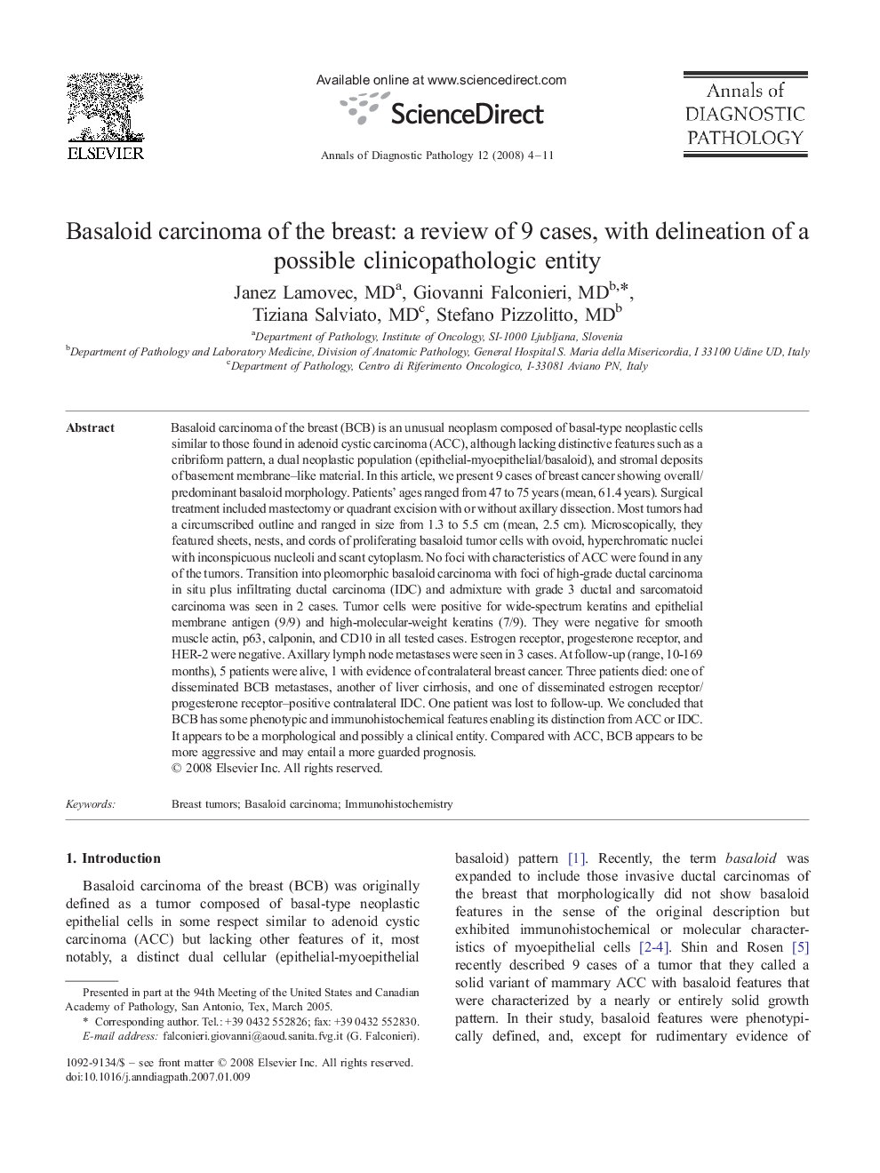 Basaloid carcinoma of the breast: a review of 9 cases, with delineation of a possible clinicopathologic entity