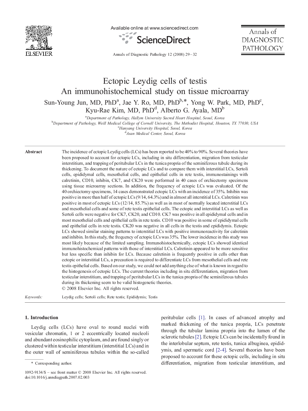 Ectopic Leydig cells of testis: An immunohistochemical study on tissue microarray