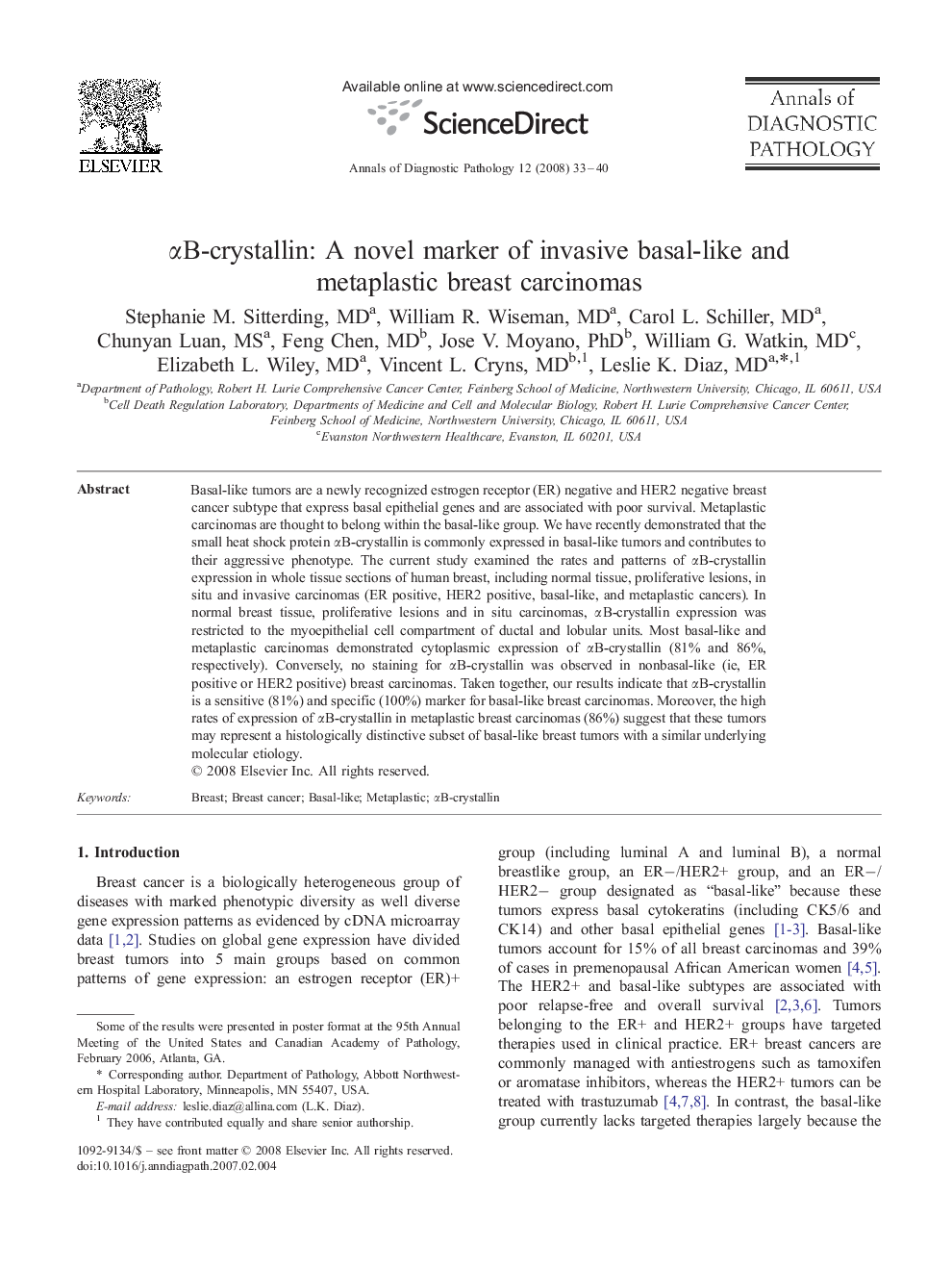 αB-crystallin: A novel marker of invasive basal-like and metaplastic breast carcinomas