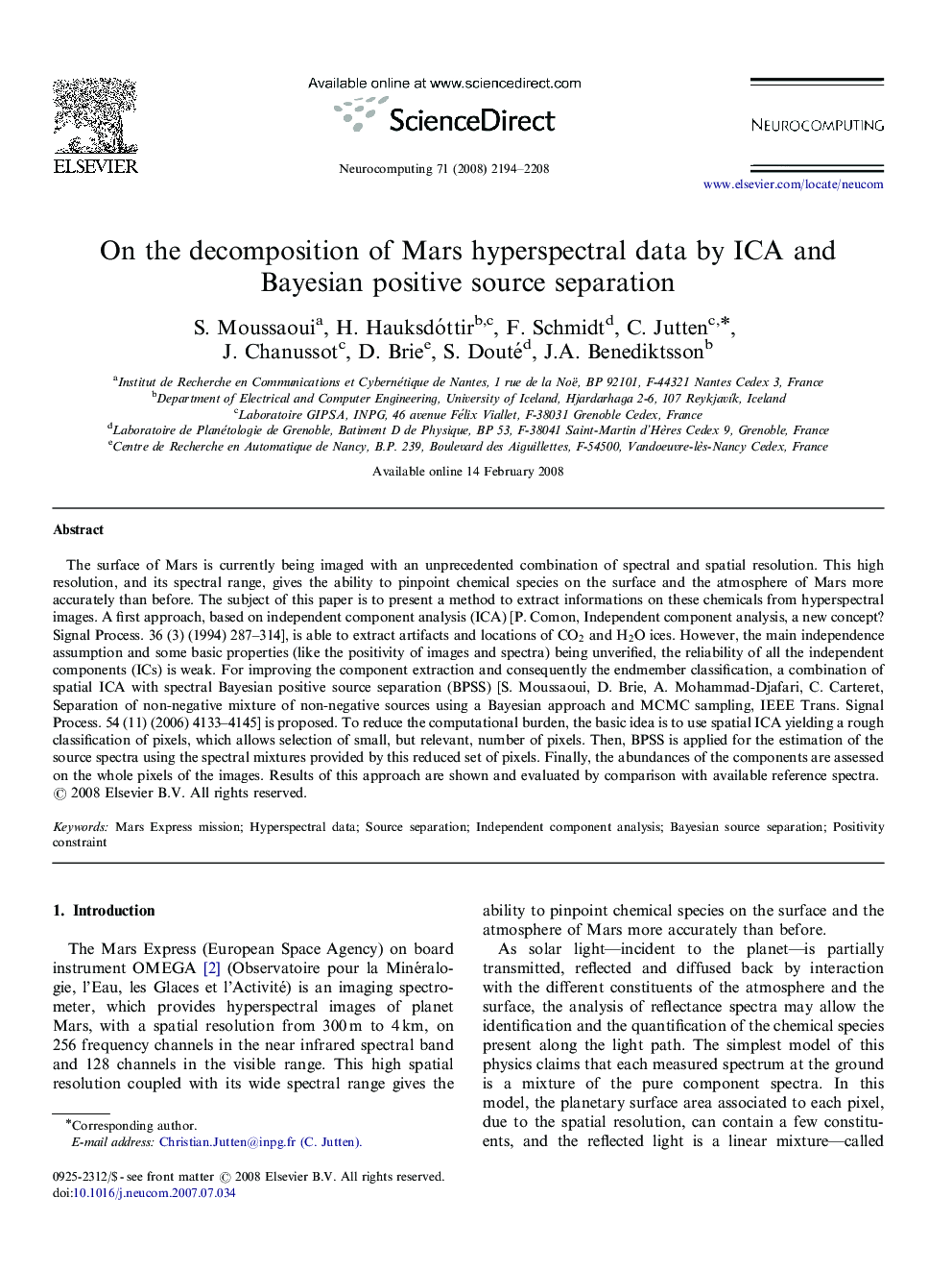 On the decomposition of Mars hyperspectral data by ICA and Bayesian positive source separation