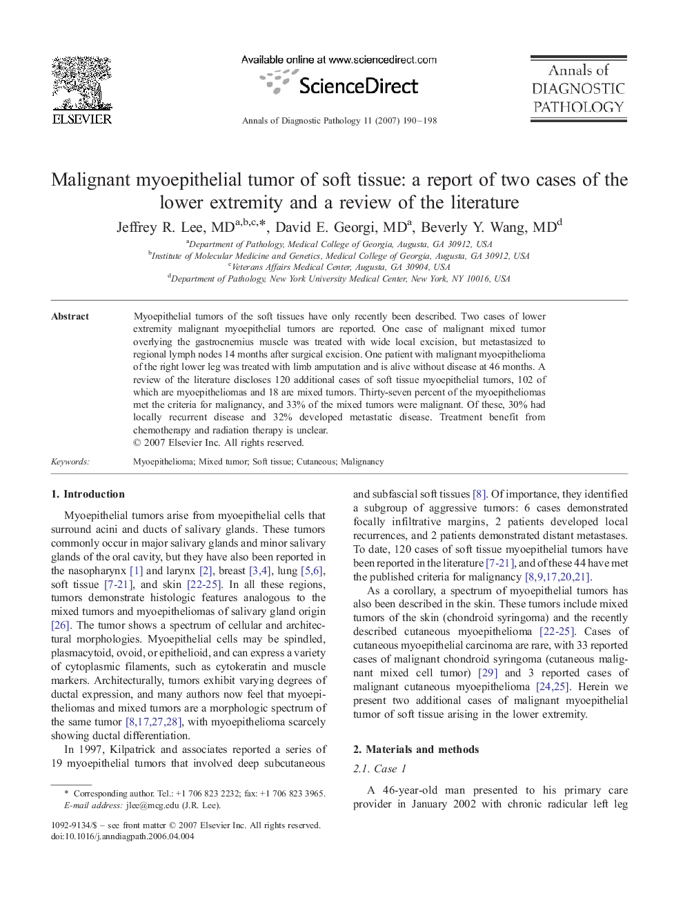 Malignant myoepithelial tumor of soft tissue: a report of two cases of the lower extremity and a review of the literature